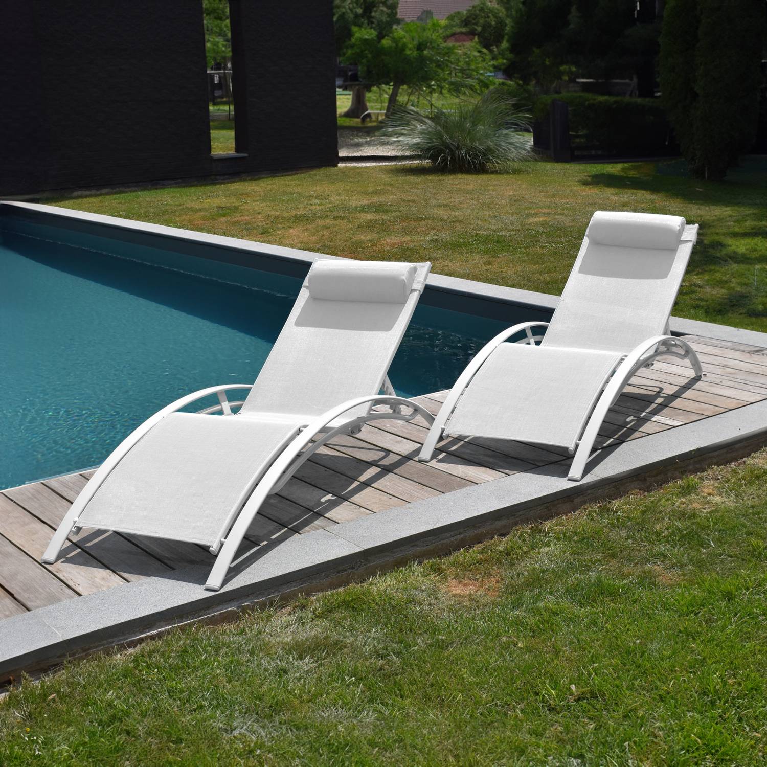 Happy Garden - Lot de 2 transats GALAPAGOS en textilène blanc - aluminium blanc - HAPPY GARDEN - Image 2
