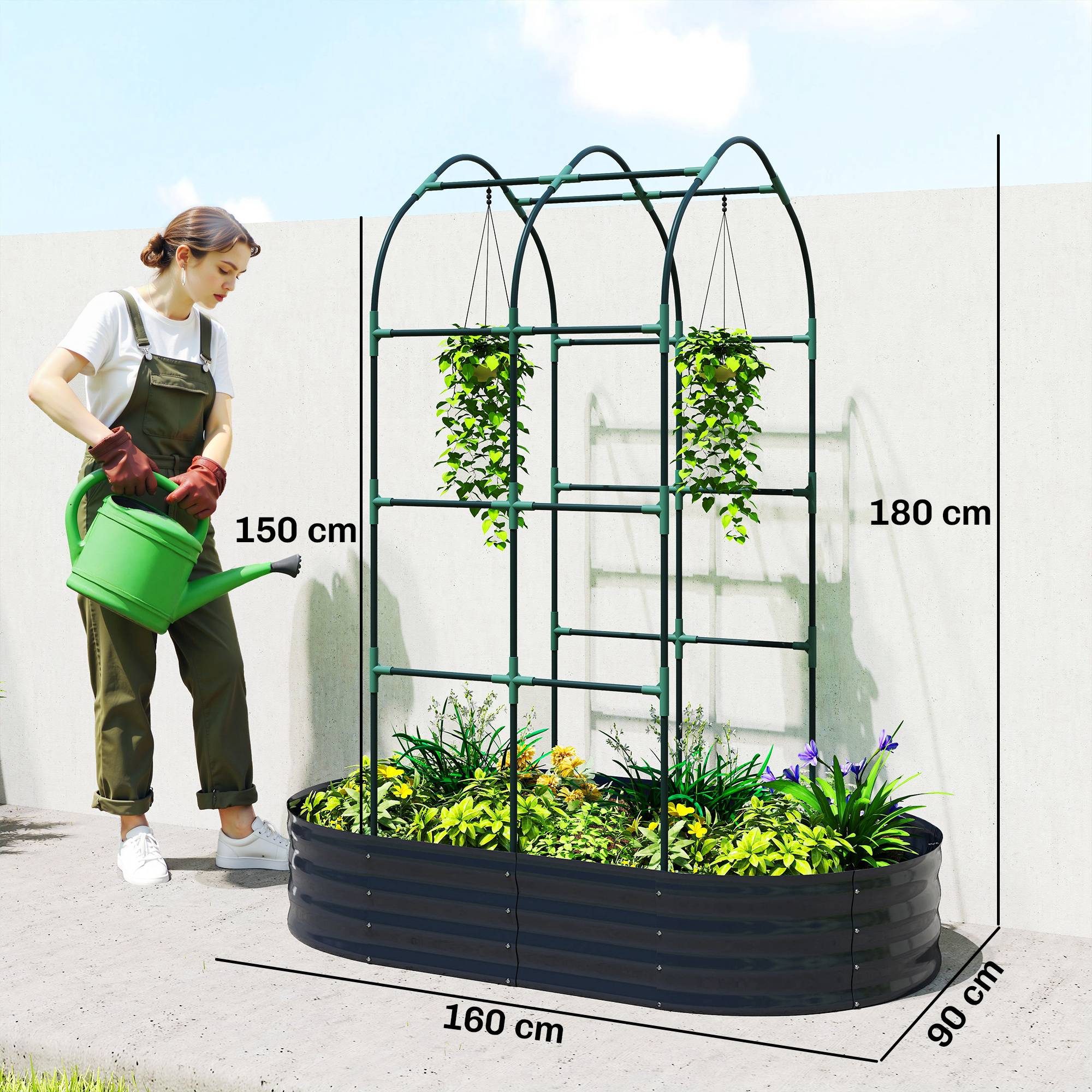 Sans Marque - Jardinière avec treillis arqué, bac à fleurs en métal avec fond ouvert, gants inclus, 160x90x180cm, gris foncé - Image 5