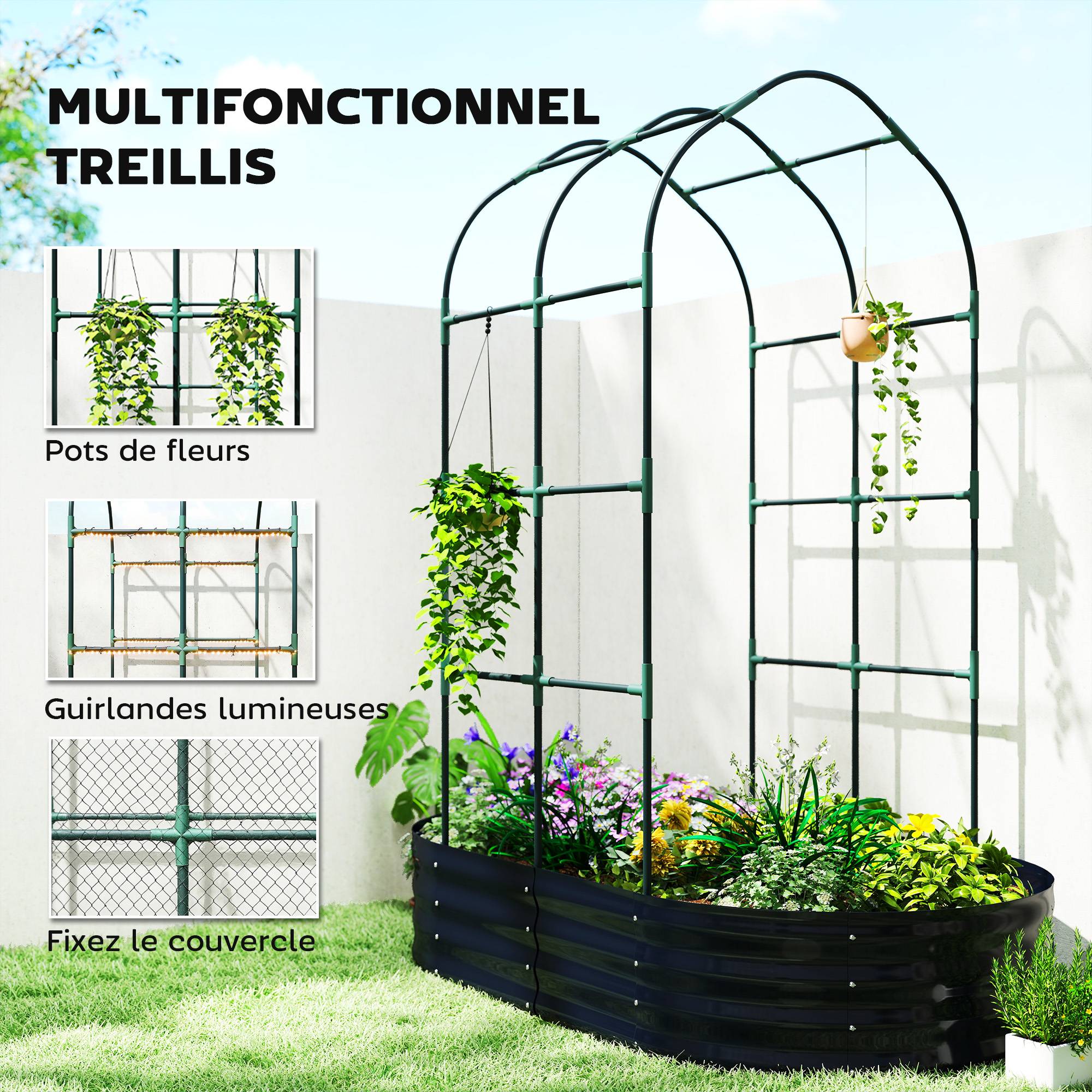 Sans Marque - Jardinière avec treillis arqué, bac à fleurs en métal avec fond ouvert, gants inclus, 160x90x180cm, gris foncé - Image 7