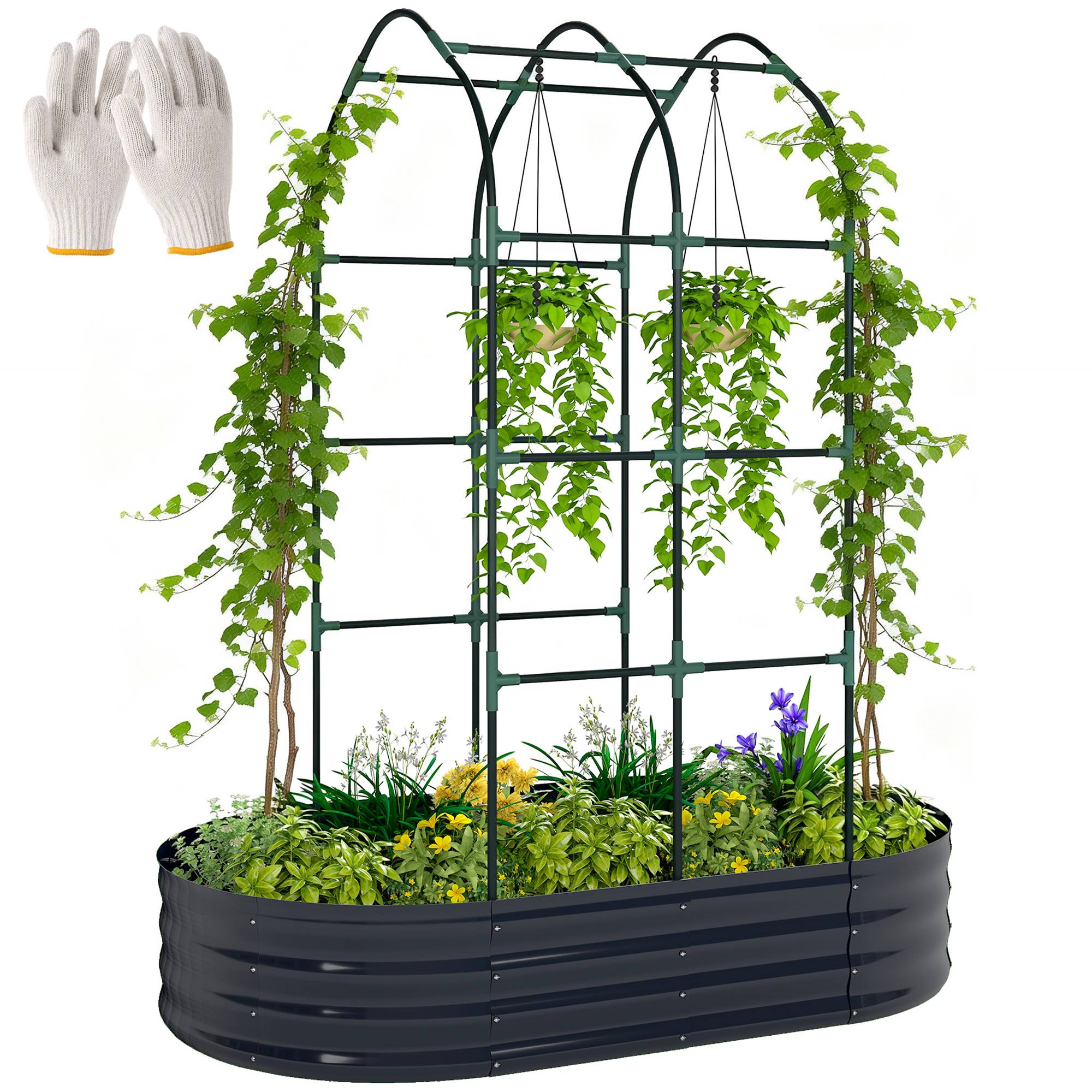Sans Marque - Jardinière avec treillis arqué, bac à fleurs en métal avec fond ouvert, gants inclus, 160x90x180cm, gris foncé - Image 1