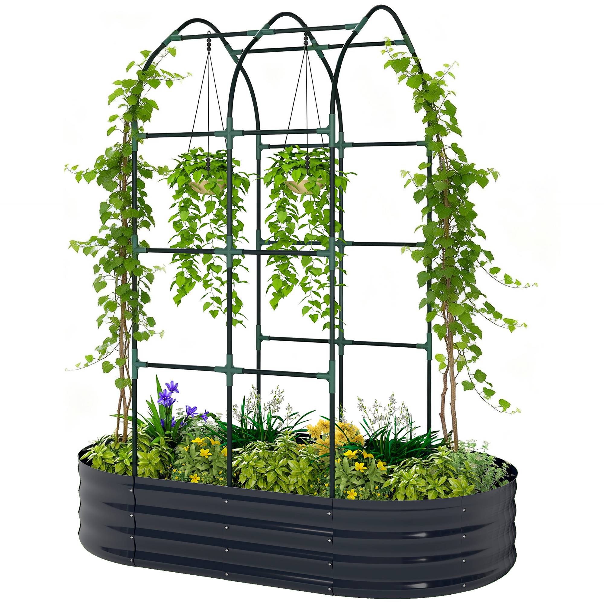 Sans Marque - Jardinière avec treillis arqué, bac à fleurs en métal avec fond ouvert, gants inclus, 160x90x180cm, gris foncé - Image 2
