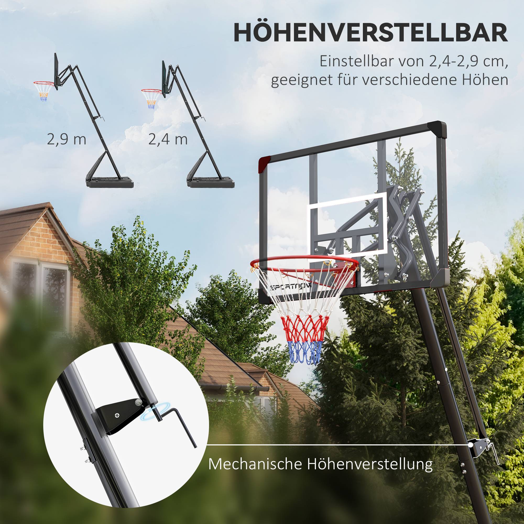 ComfortXL - Panier de basket sur pied acier 236-293 cm rouge noir base lestable à roulettes avec panneau de rebond - Image 4