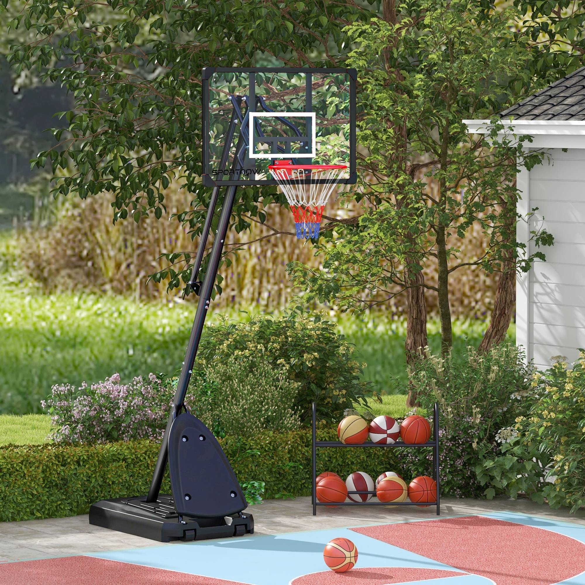 ComfortXL - Panier de basket sur pied acier 236-293 cm rouge noir base lestable à roulettes avec panneau de rebond - Image 9