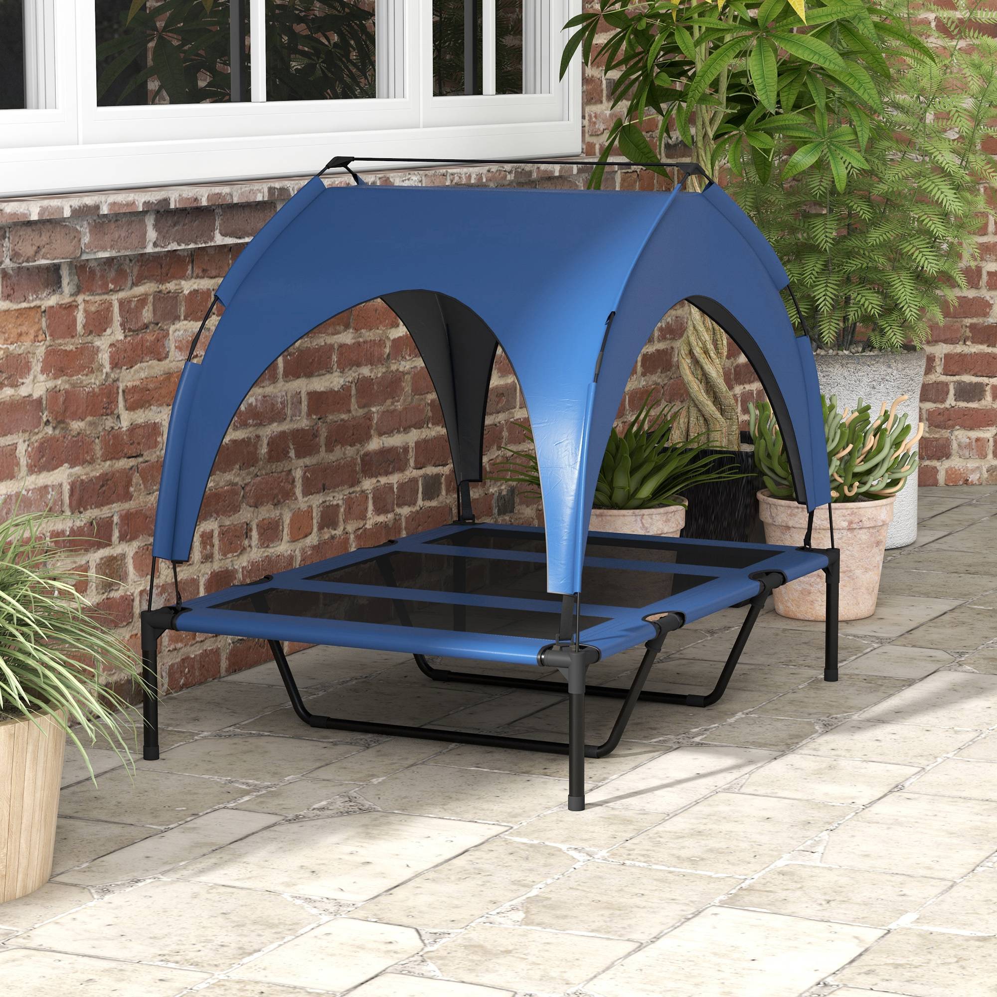 ComfortXL - Lit surélevé pour grand chien en acier et tissu Oxford bleu foncé 106 x 76 x 94 cm avec toit de protection - Image 9