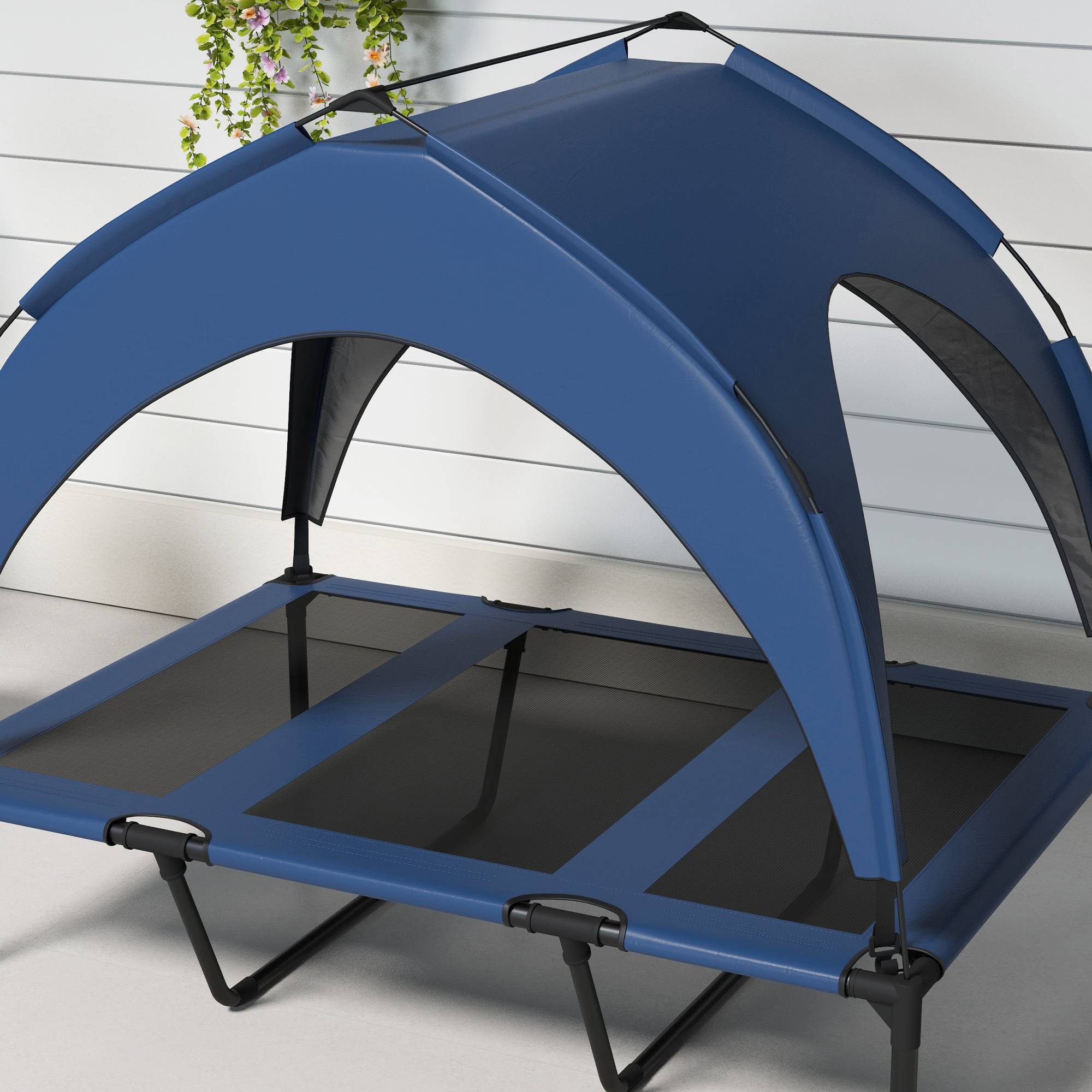 ComfortXL - Lit surélevé pour grand chien en acier et tissu Oxford bleu foncé 106 x 76 x 94 cm avec toit de protection - Image 8
