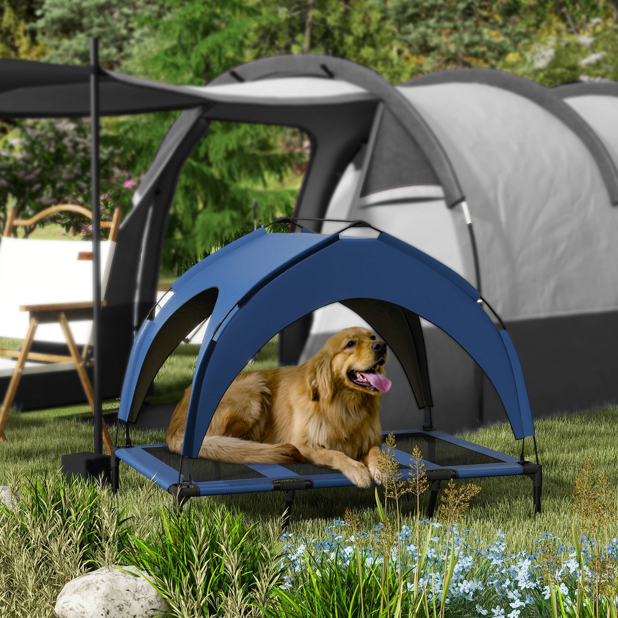 ComfortXL - Lit surélevé pour grand chien en acier et tissu Oxford bleu foncé 106 x 76 x 94 cm avec toit de protection - Image 1