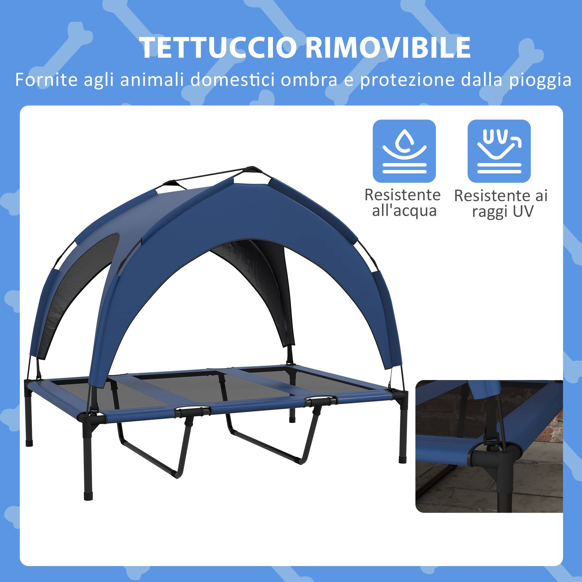 ComfortXL - Lit surélevé pour grand chien en acier et tissu Oxford bleu foncé 106 x 76 x 94 cm avec toit de protection - Image 5
