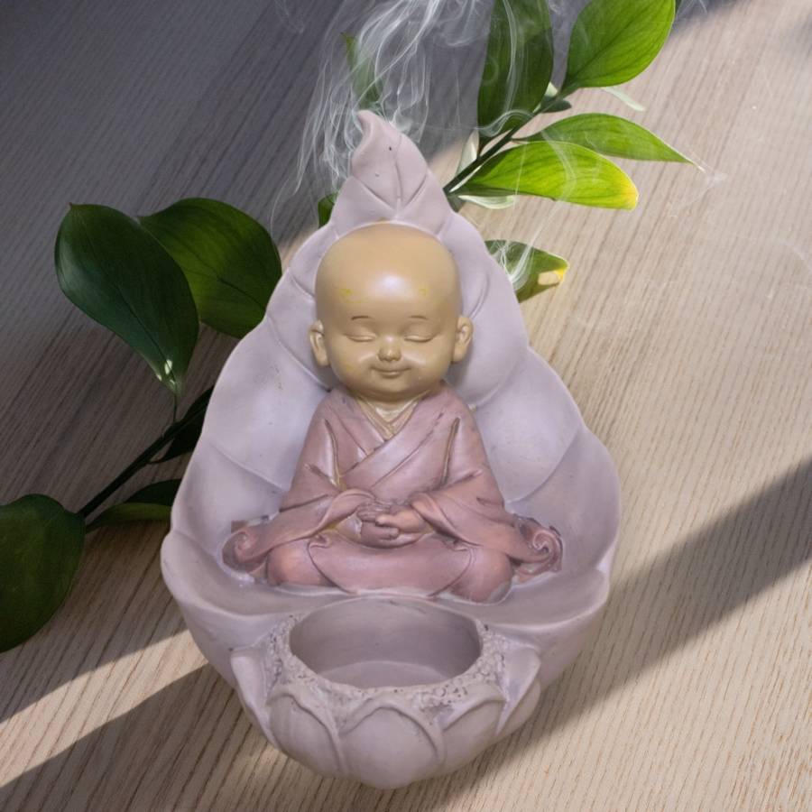 Zen Light - Statue Bouddha Bougeoir – Porte Bougie Chauffe-Plat – Objet Porte bonheur – Haut: 13cm – Couleur Beige et Vieux Rose – Zen'Light - Image 5