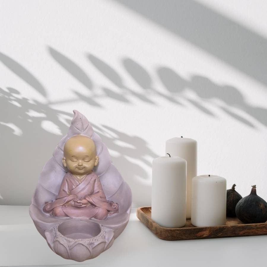 Zen Light - Statue Bouddha Bougeoir – Porte Bougie Chauffe-Plat – Objet Porte bonheur – Haut: 13cm – Couleur Beige et Vieux Rose – Zen'Light - Image 3