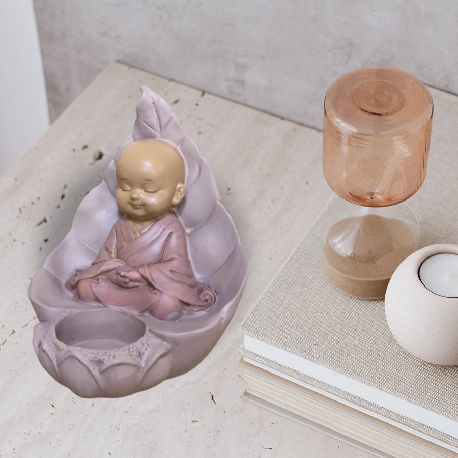 Zen Light - Statue Bouddha Bougeoir – Porte Bougie Chauffe-Plat – Objet Porte bonheur – Haut: 13cm – Couleur Beige et Vieux Rose – Zen'Light - Image 4