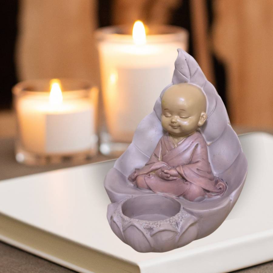 Zen Light - Statue Bouddha Bougeoir – Porte Bougie Chauffe-Plat – Objet Porte bonheur – Haut: 13cm – Couleur Beige et Vieux Rose – Zen'Light - Image 2