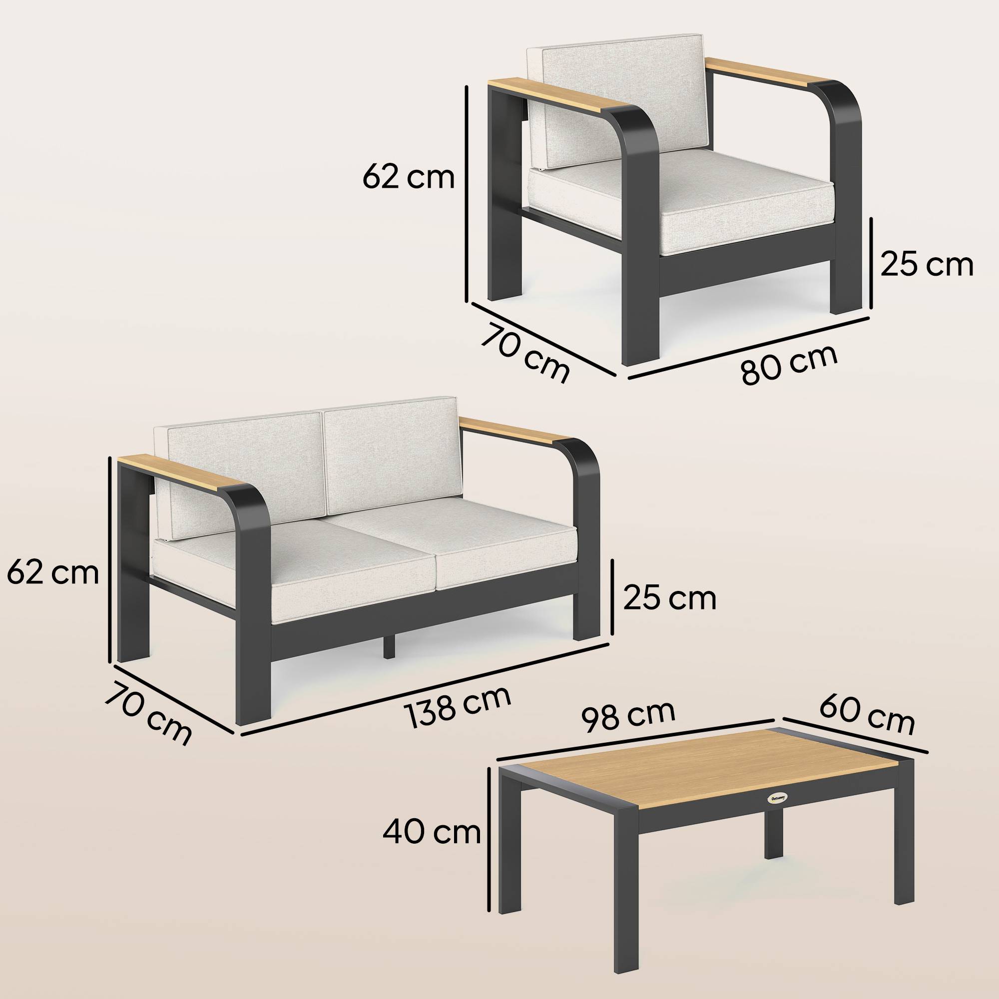 Ensemble de jardin en aluminium pour 4 places, imperméable, canapé 2 places, 2 fauteuils et table d’appoint - Image 3