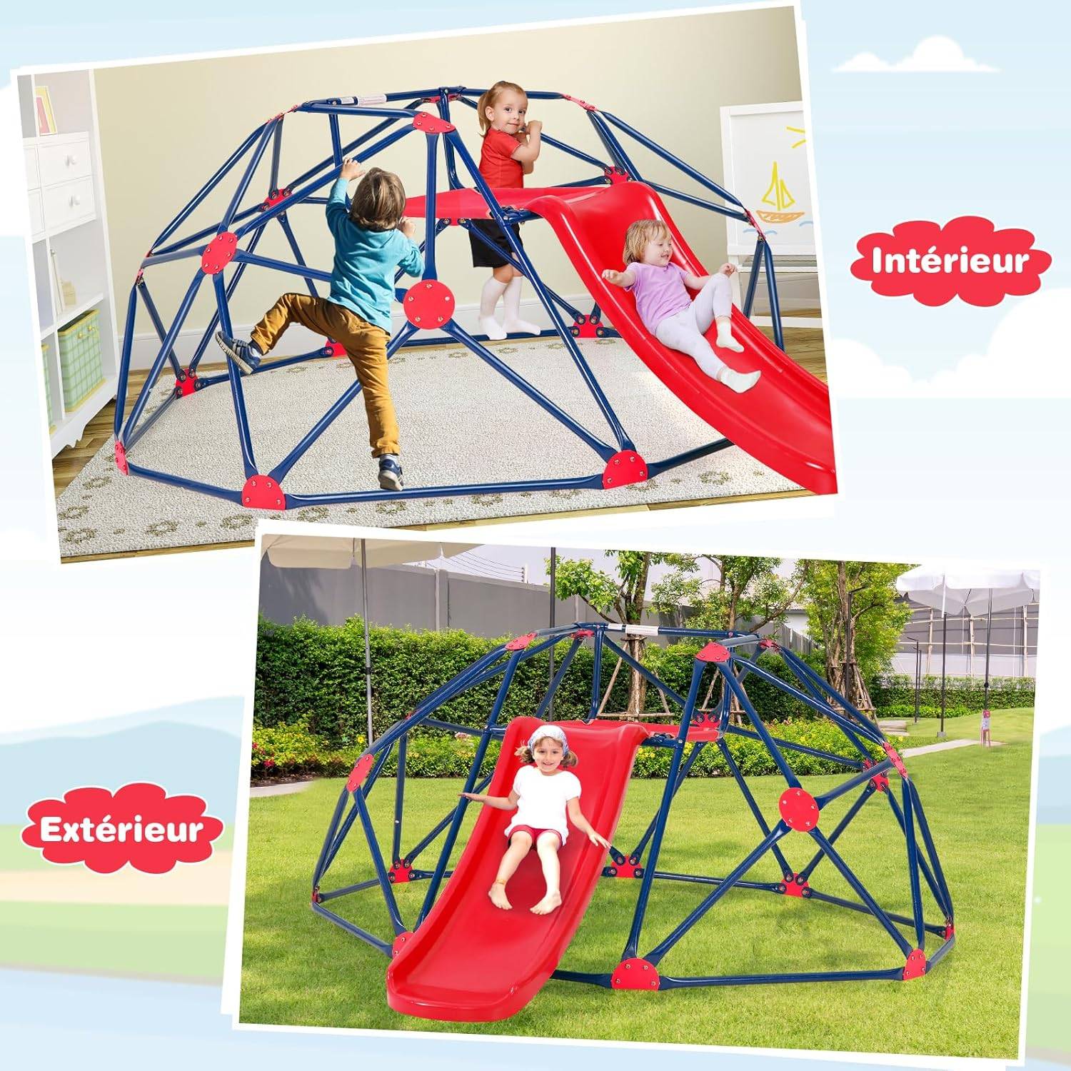 Dôme d'escalade Enfants avec Toboggan, Cage d'escalade avec Coussin en Tissu, Charge 180kg, Aire de Jeux Extérieure et Intérieure, Rouge - Image 7