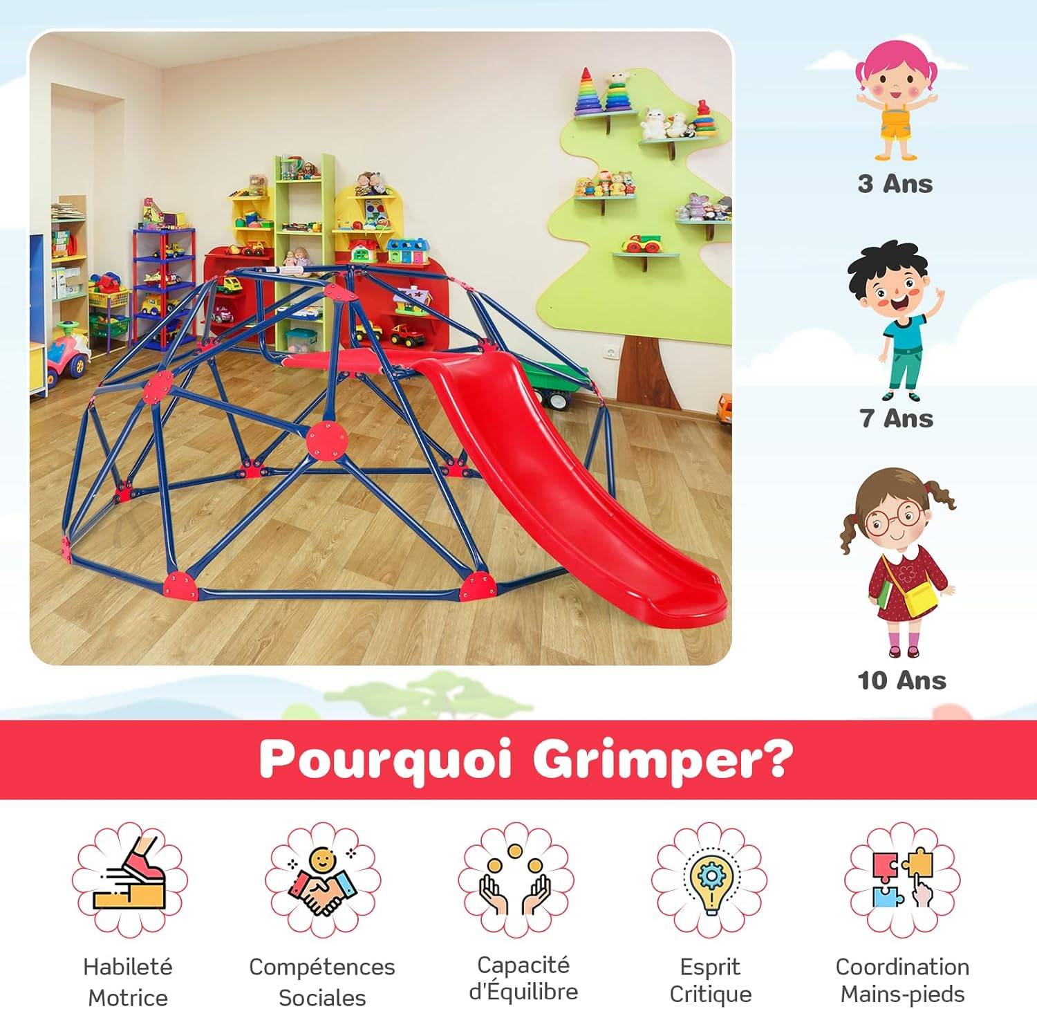 Dôme d'escalade Enfants avec Toboggan, Cage d'escalade avec Coussin en Tissu, Charge 180kg, Aire de Jeux Extérieure et Intérieure, Rouge - Image 4
