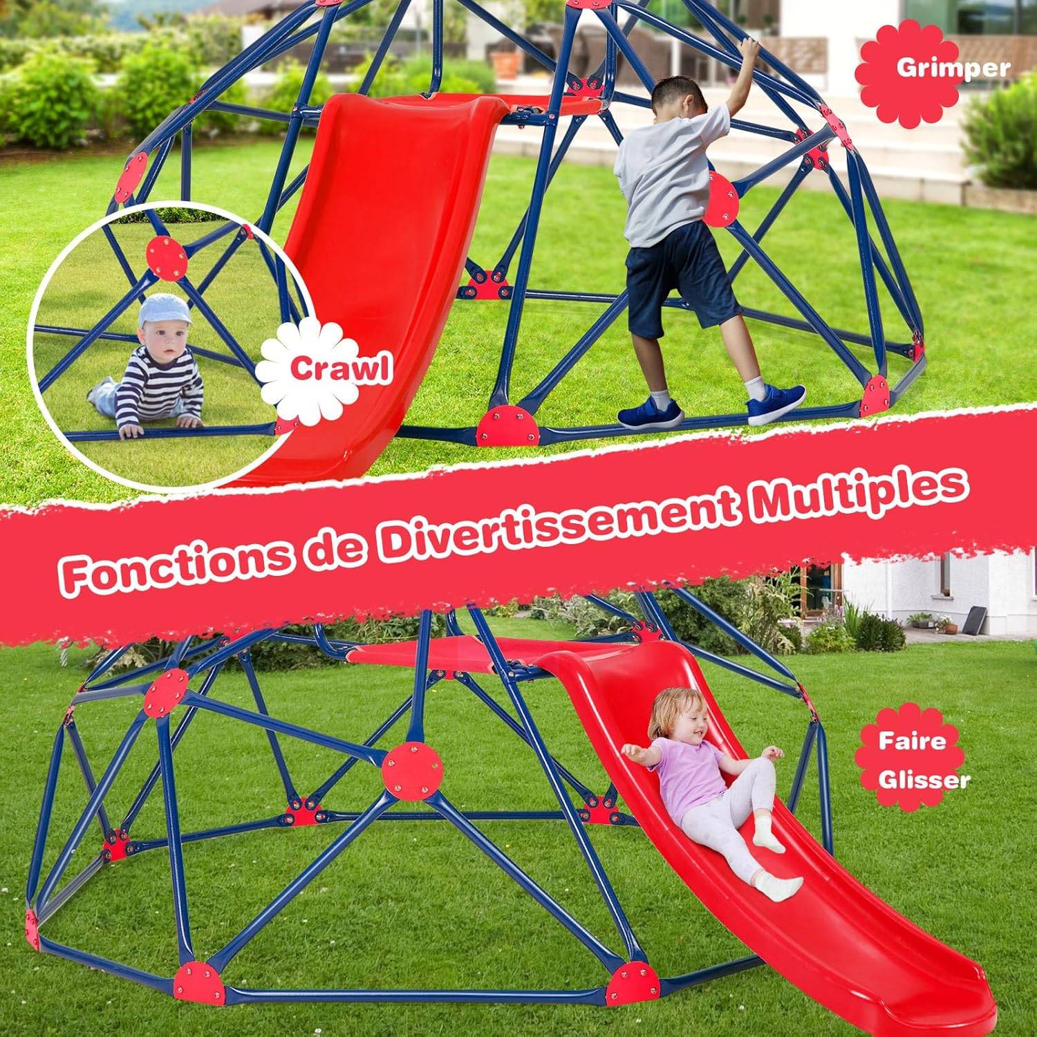 Dôme d'escalade Enfants avec Toboggan, Cage d'escalade avec Coussin en Tissu, Charge 180kg, Aire de Jeux Extérieure et Intérieure, Rouge - Image 2