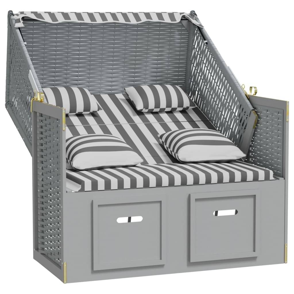 Helloshop26 - Strandkorb avec coussins résine tressée bois solide gris blanc - Image 2
