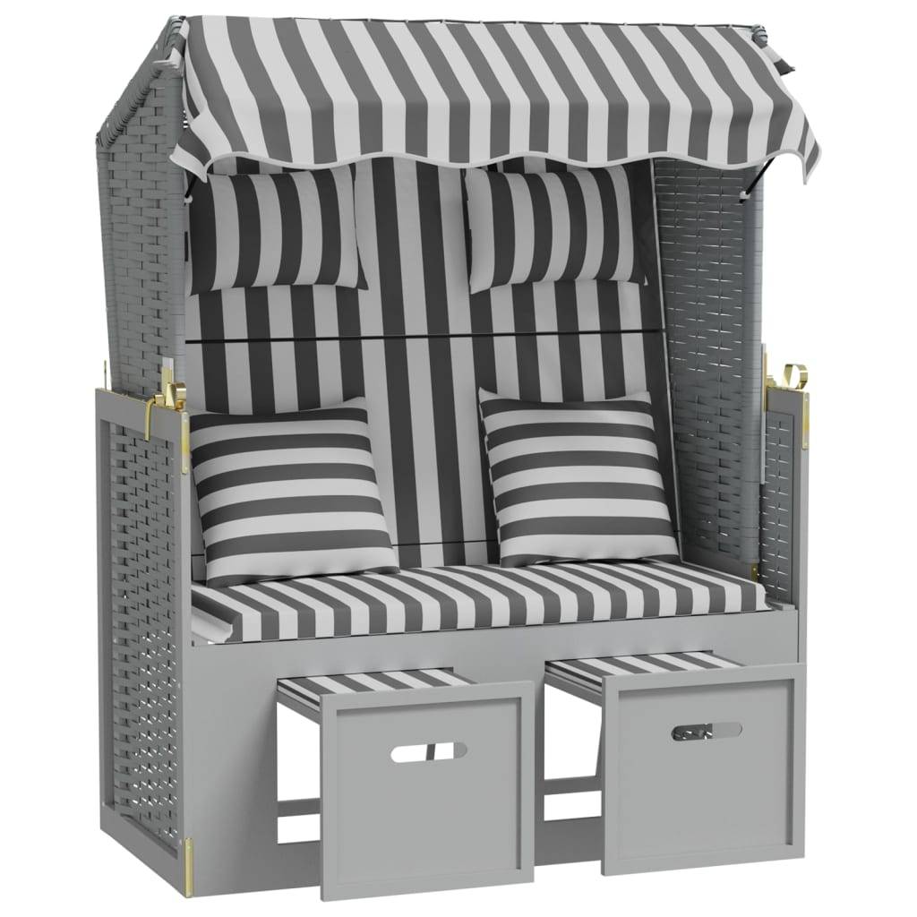 Helloshop26 - Strandkorb avec coussins résine tressée bois solide gris blanc - Image 3