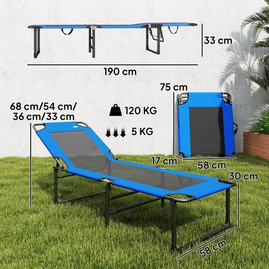 Transat bleu 4 positions textilène avec poignées capacité 120 kg 175x58x68 cm, chaise longue piscine robuste - Image 5