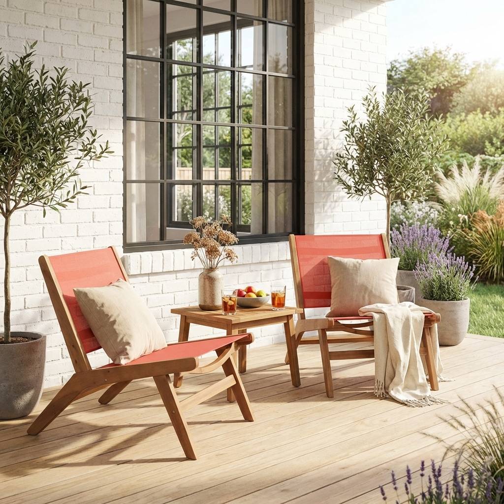 Lot de 2 fauteuils relax bois d'acacia et textilène terracotta - Madera | sweeek - Image 1
