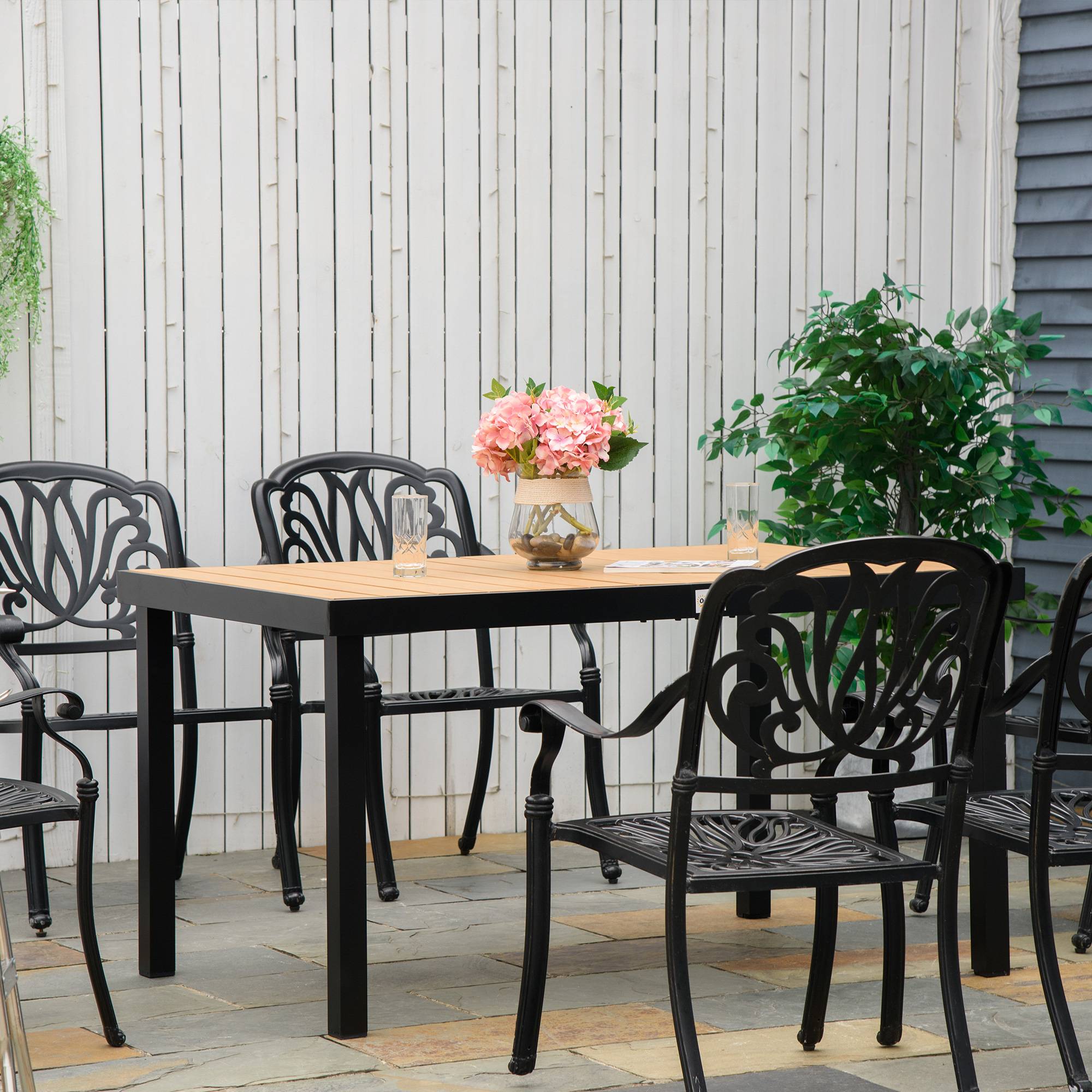 Table de jardin 6 personnes 140x90x74 cm, structure aluminium et plateau plastique facile d’entretien, naturel et noir - Image 3
