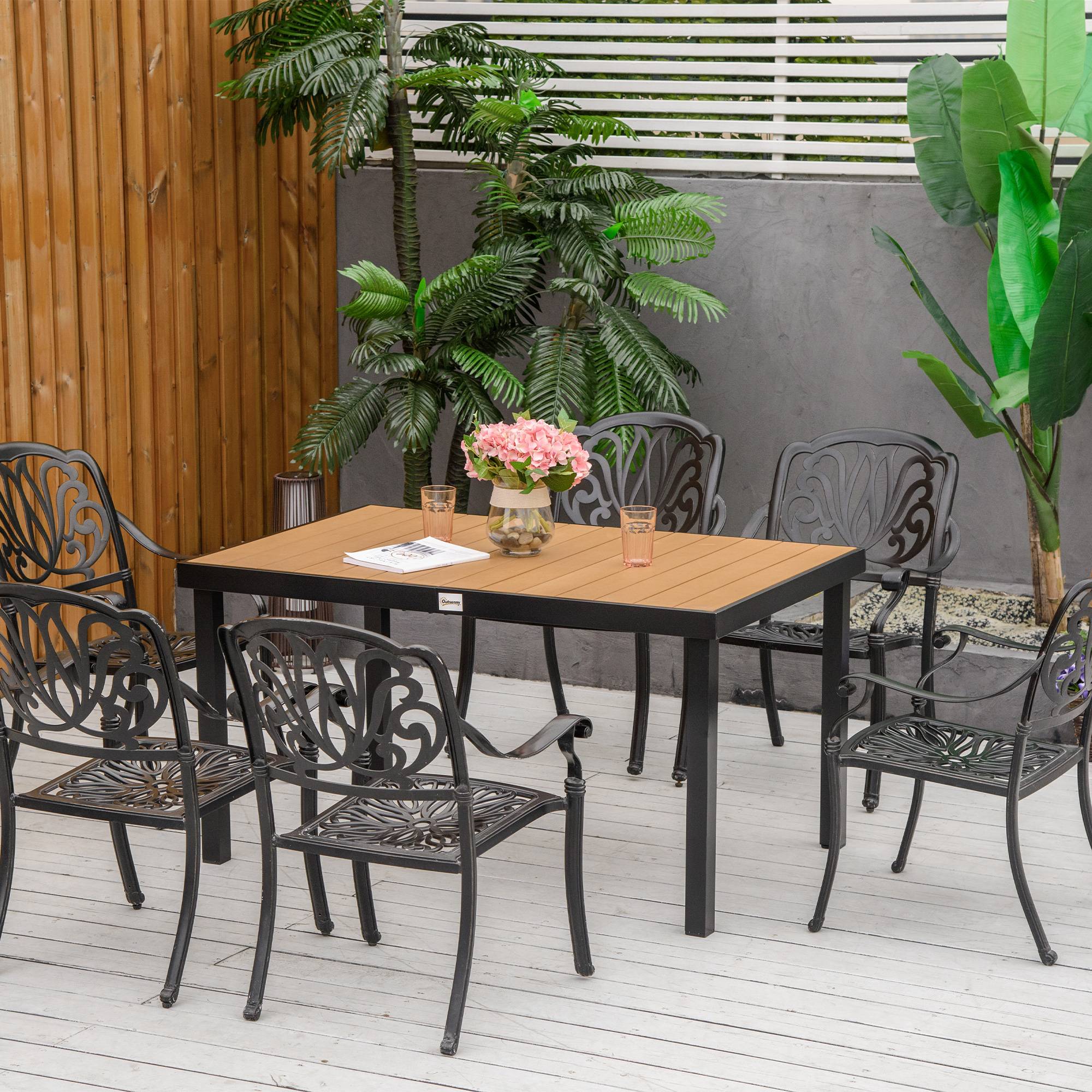 Table de jardin 6 personnes 140x90x74 cm, structure aluminium et plateau plastique facile d’entretien, naturel et noir - Image 4