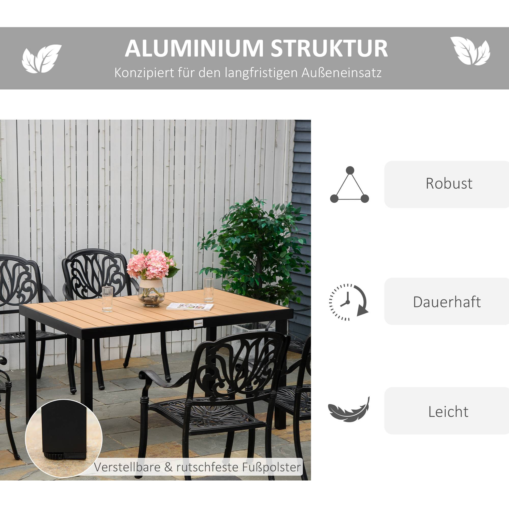 Table de jardin 6 personnes 140x90x74 cm, structure aluminium et plateau plastique facile d’entretien, naturel et noir - Image 7