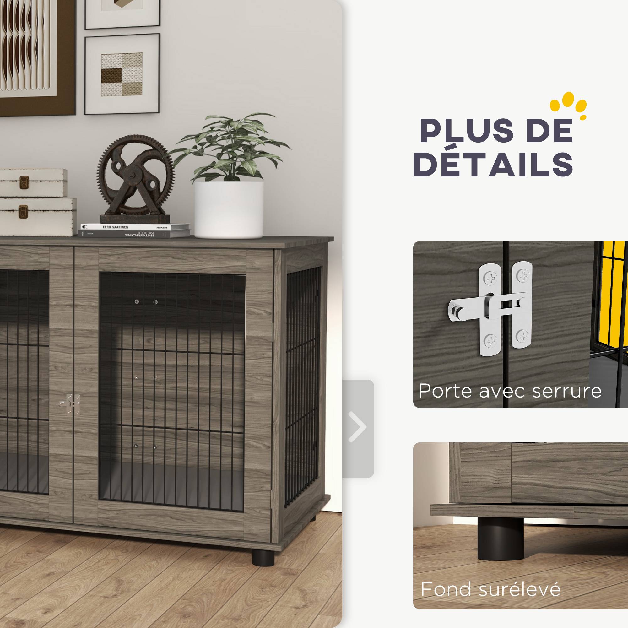 Cage pour chien 2 en 1 table d'appoint avec coussin en peluche déhoussable porte verrouillable 100 x 60 x 73,5 cm gris - Image 8