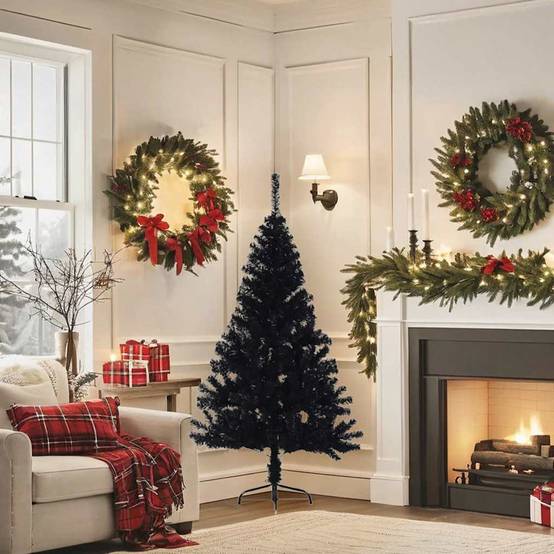 Demi sapin de Noël, Arbre de Noël artificiel avec support Noir 150 cm PVC u887q - Image 1