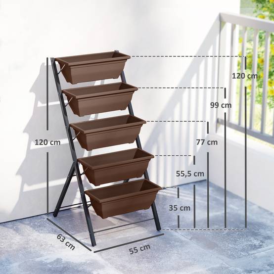 Support à plantes à 5 niveaux avec 5 pots, trous de drainage, pour une utilisation intérieure et extérieure, 55 x 63 x 120 cm, noir - Image 5