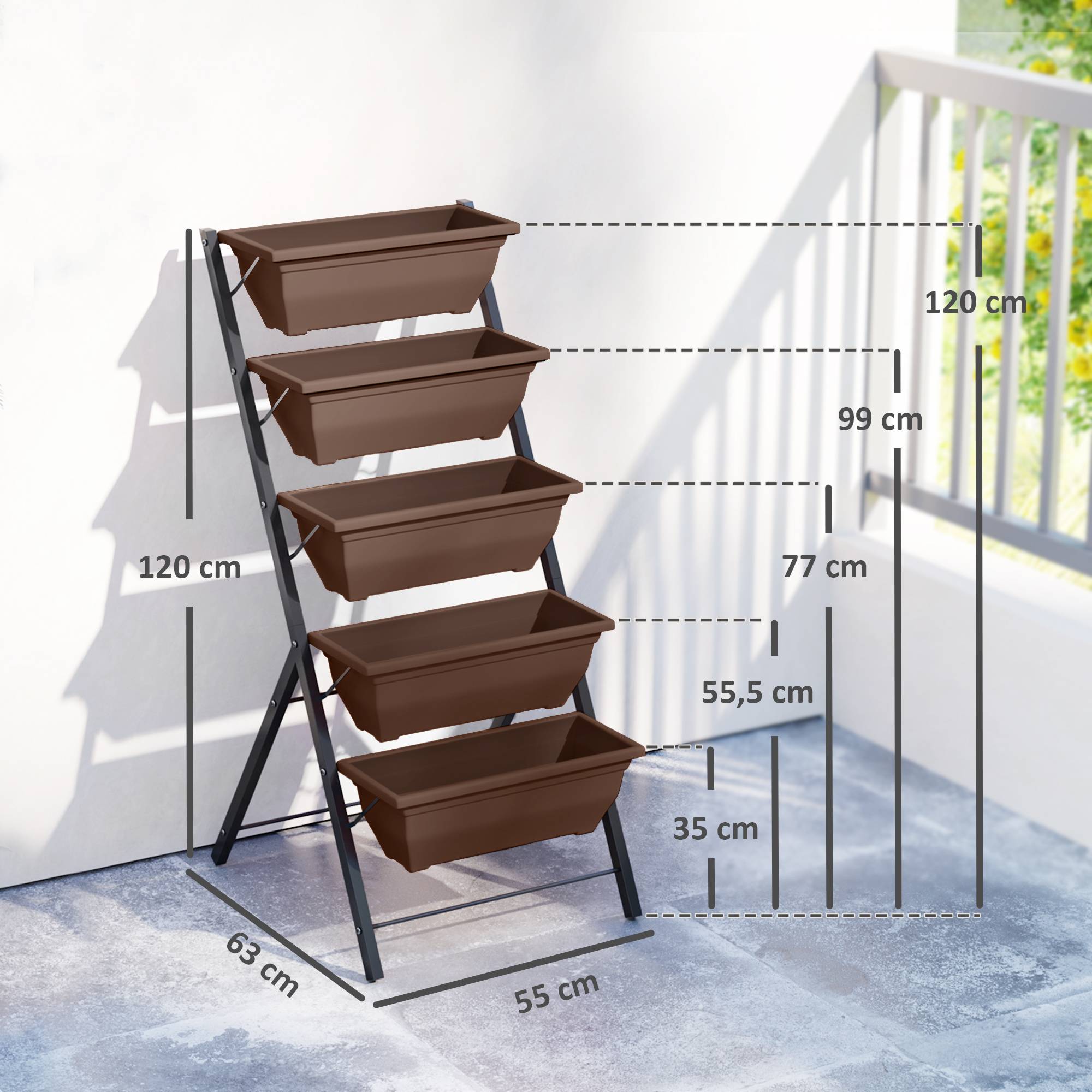 Support à plantes à 5 niveaux avec 5 pots, trous de drainage, pour une utilisation intérieure et extérieure, 55 x 63 x 120 cm, noir - Image 5