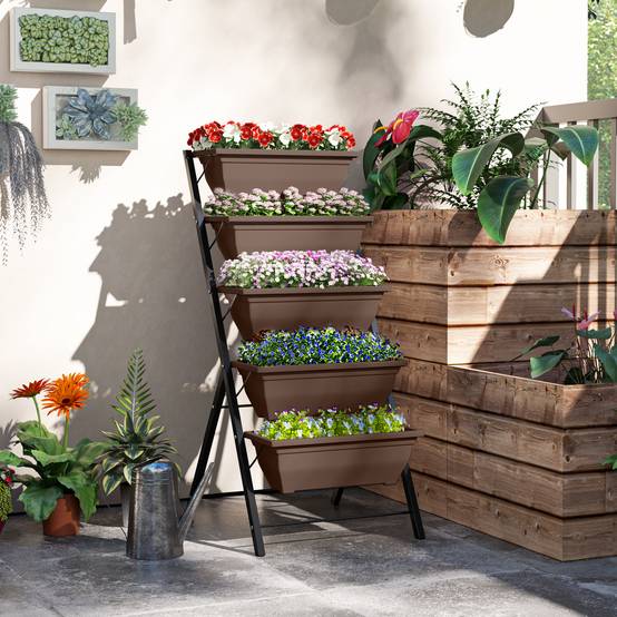 Support à plantes à 5 niveaux avec 5 pots, trous de drainage, pour une utilisation intérieure et extérieure, 55 x 63 x 120 cm, noir - Image 3