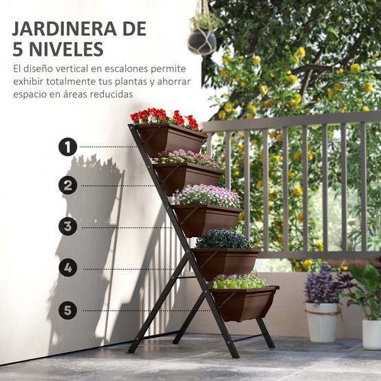 Support à plantes à 5 niveaux avec 5 pots, trous de drainage, pour une utilisation intérieure et extérieure, 55 x 63 x 120 cm, noir - Image 6