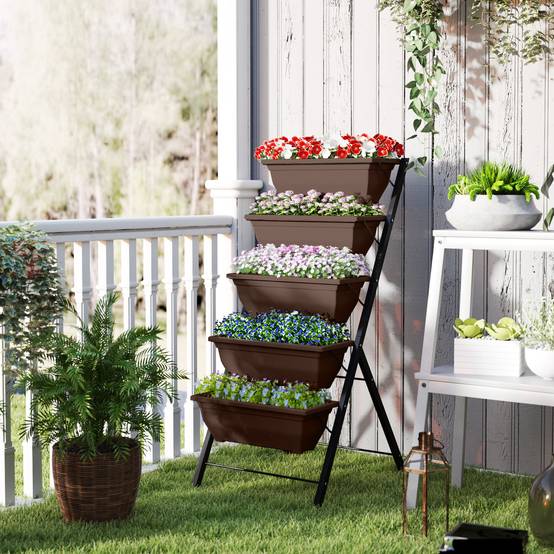 Support à plantes à 5 niveaux avec 5 pots, trous de drainage, pour une utilisation intérieure et extérieure, 55 x 63 x 120 cm, noir - Image 4