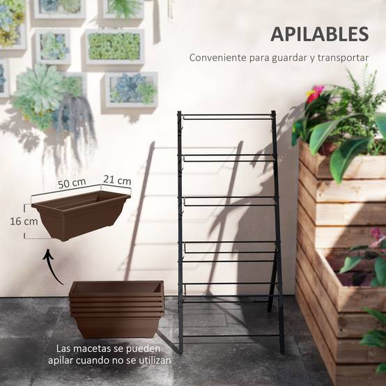 Support à plantes à 5 niveaux avec 5 pots, trous de drainage, pour une utilisation intérieure et extérieure, 55 x 63 x 120 cm, noir - Image 7