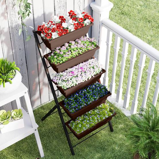Support à plantes à 5 niveaux avec 5 pots, trous de drainage, pour une utilisation intérieure et extérieure, 55 x 63 x 120 cm, noir - Image 9