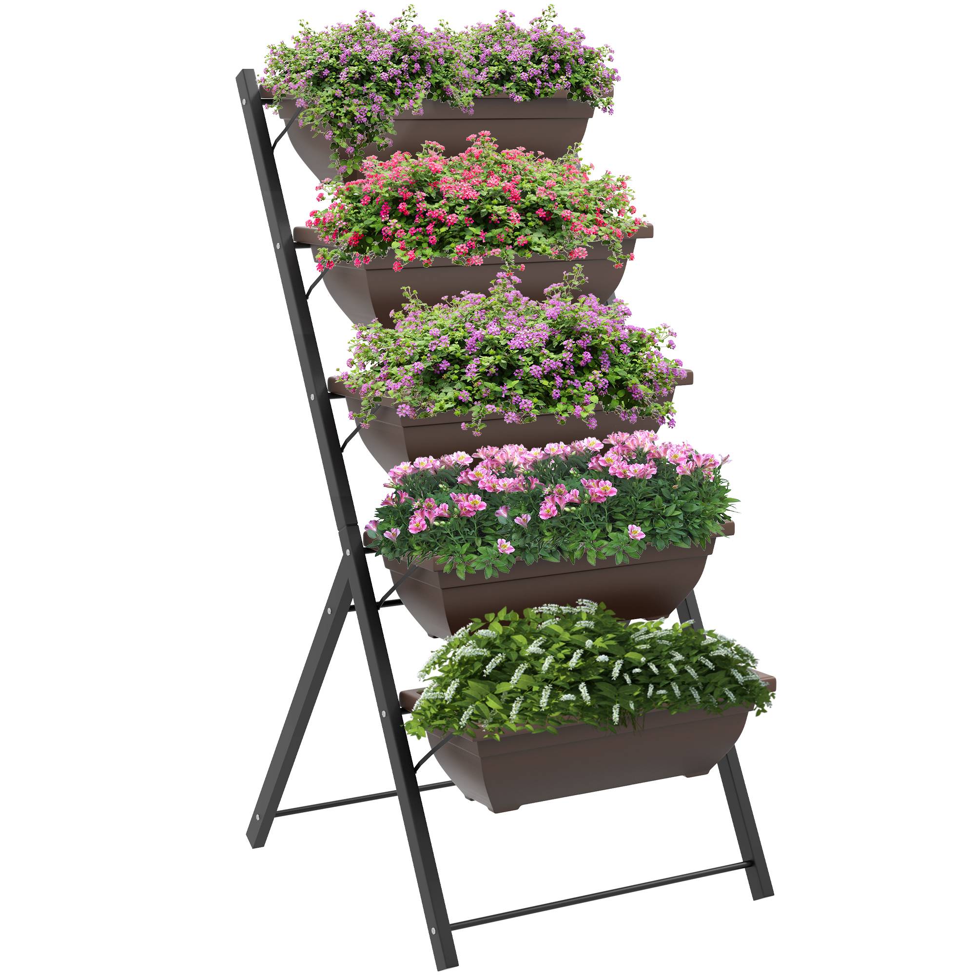 Support à plantes à 5 niveaux avec 5 pots, trous de drainage, pour une utilisation intérieure et extérieure, 55 x 63 x 120 cm, noir - Image 1