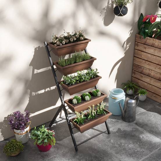 Support à plantes à 5 niveaux avec 5 pots, trous de drainage, pour une utilisation intérieure et extérieure, 55 x 63 x 120 cm, noir - Image 10