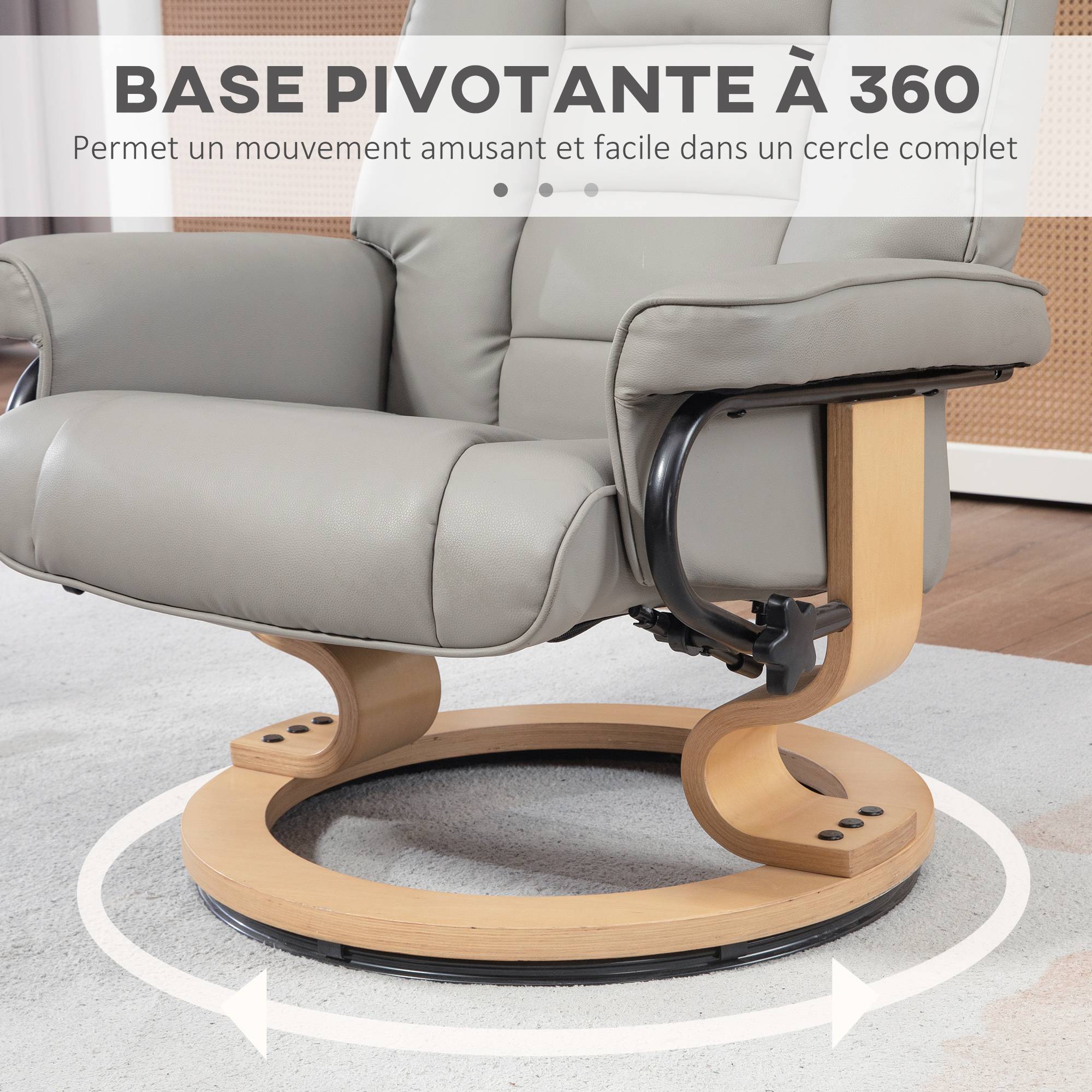 Fauteuil de relaxation inclinable avec repose-pied, pivotant, cadre en bois , revêtement synthétique gris - Image 7