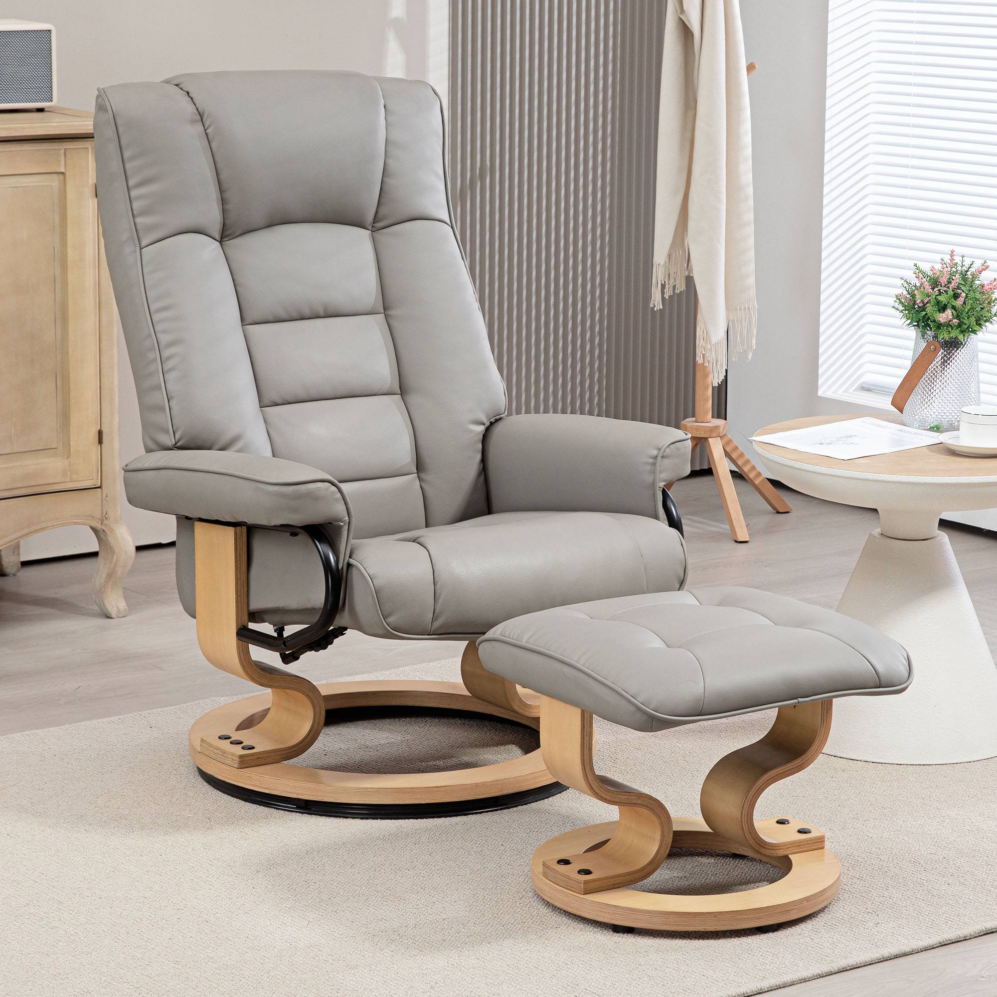 Fauteuil de relaxation inclinable avec repose-pied, pivotant, cadre en bois , revêtement synthétique gris - Image 3
