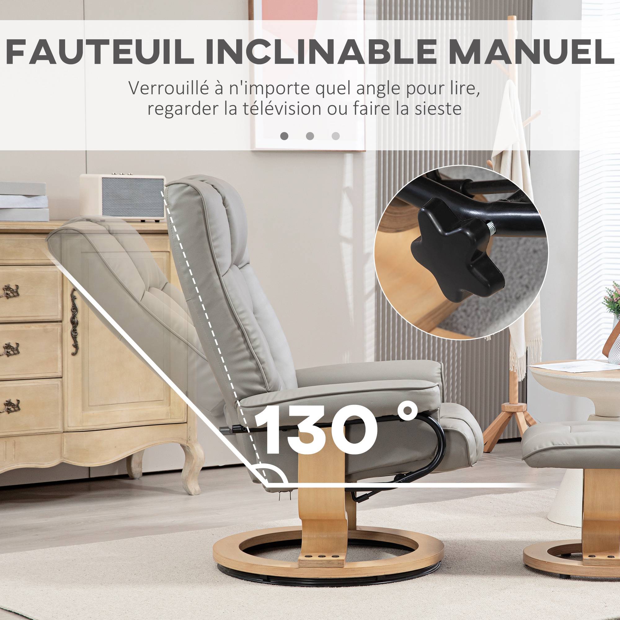 Fauteuil de relaxation inclinable avec repose-pied, pivotant, cadre en bois , revêtement synthétique gris - Image 6