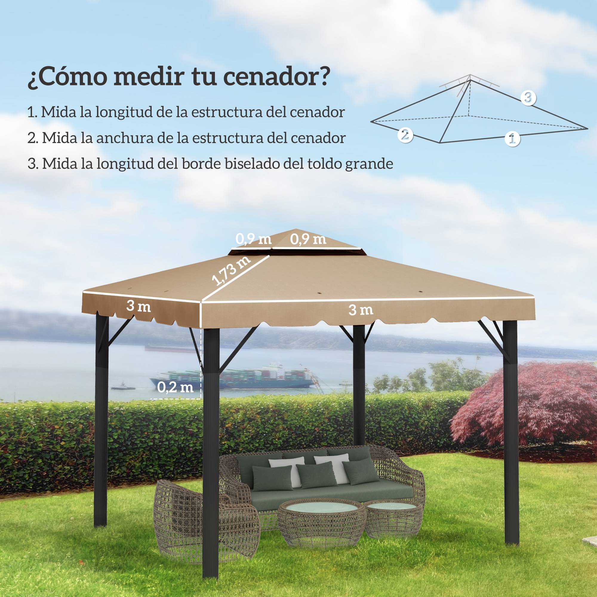 Toile de Rechange pour Tonnelle 3x3 m Polyester 170g/m² Double Toit Aéré Anti-UV Kaki - ComfortXL Outdoor Living - Image 5