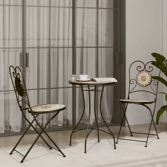 Set de 2 Chaises Bistro Pliantes en Fer Forgé et Mosaïque Céramique pour Extérieur Terre Cuite – ComfortXL Outdoor Living - Image 3
