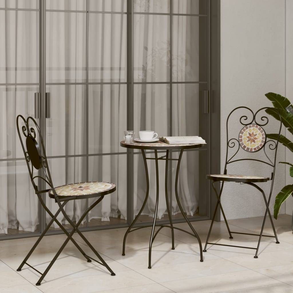 Set de 2 Chaises Bistro Pliantes en Fer Forgé et Mosaïque Céramique pour Extérieur Terre Cuite – ComfortXL Outdoor Living - Image 3