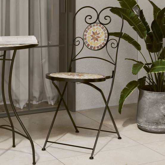 Set de 2 Chaises Bistro Pliantes en Fer Forgé et Mosaïque Céramique pour Extérieur Terre Cuite – ComfortXL Outdoor Living - Image 1