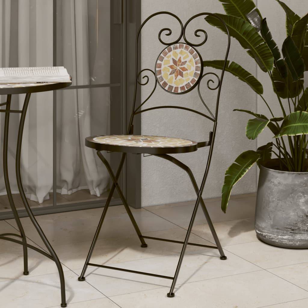 Set de 2 Chaises Bistro Pliantes en Fer Forgé et Mosaïque Céramique pour Extérieur Terre Cuite – ComfortXL Outdoor Living - Image 1