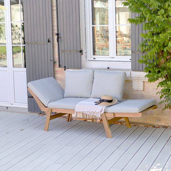 Banquette modulable MOLA en bois d'acacia coussins gris clair chiné Beau Rivage - Image 2