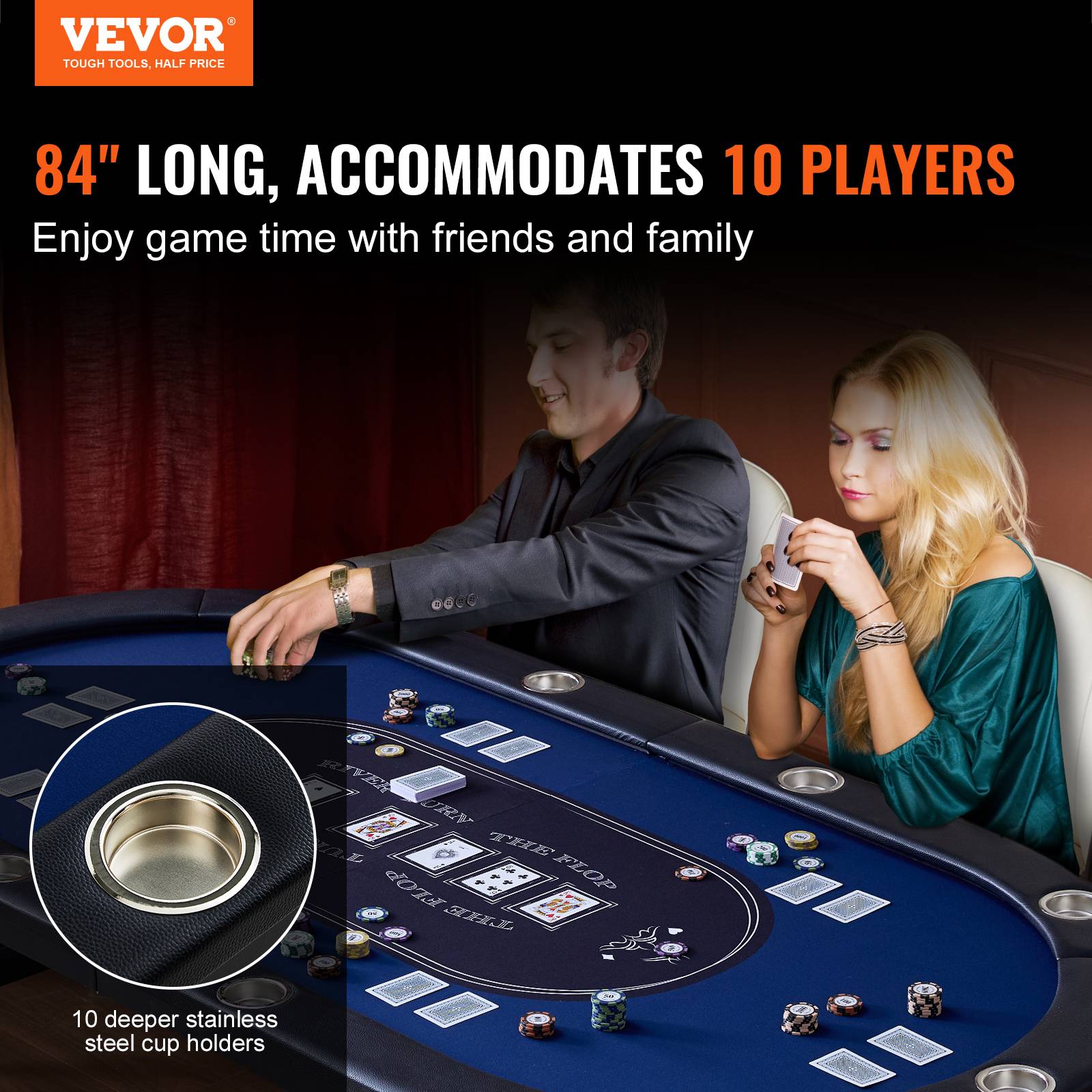 Vevor - VEVOR Table poker pliable 214 cm, 10 joueurs. Rails rembourrés, porte-gobelets. - Image 2