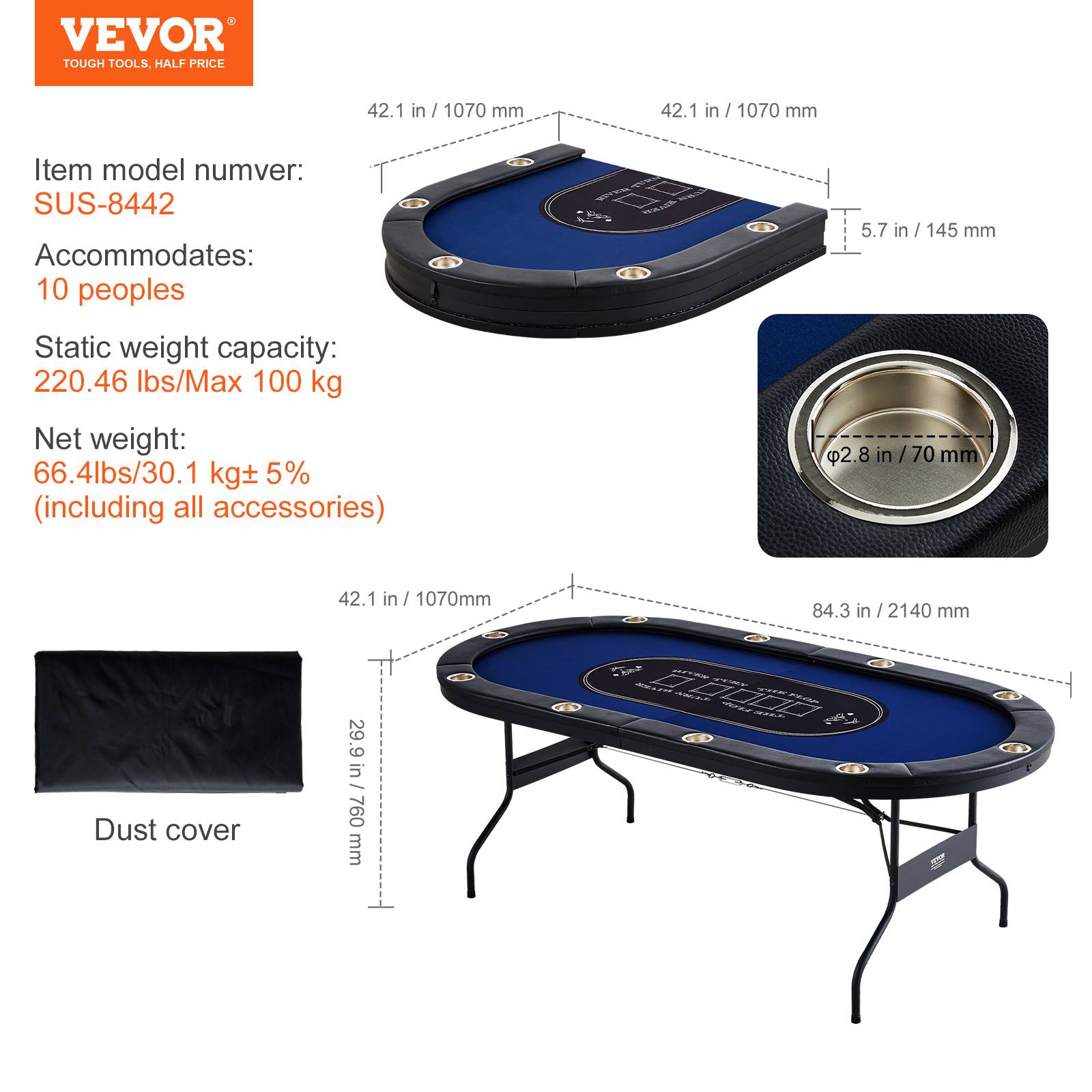 Vevor - VEVOR Table poker pliable 214 cm, 10 joueurs. Rails rembourrés, porte-gobelets. - Image 7