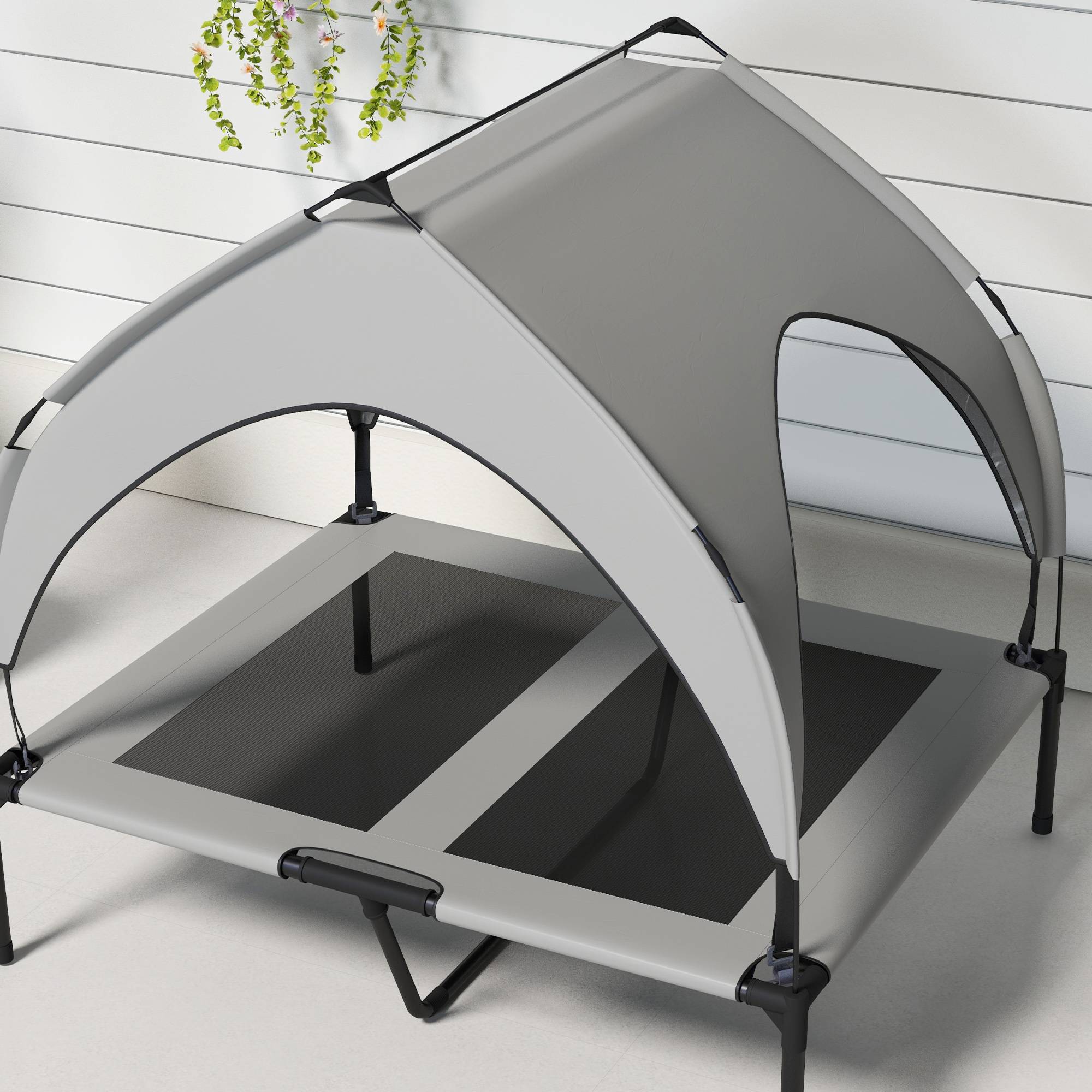 ComfortXL - Lit surélevé pour chien en acier et tissu Oxford gris clair 91 x 76 x 85 cm pour jardin avec auvent pare-soleil - Image 8
