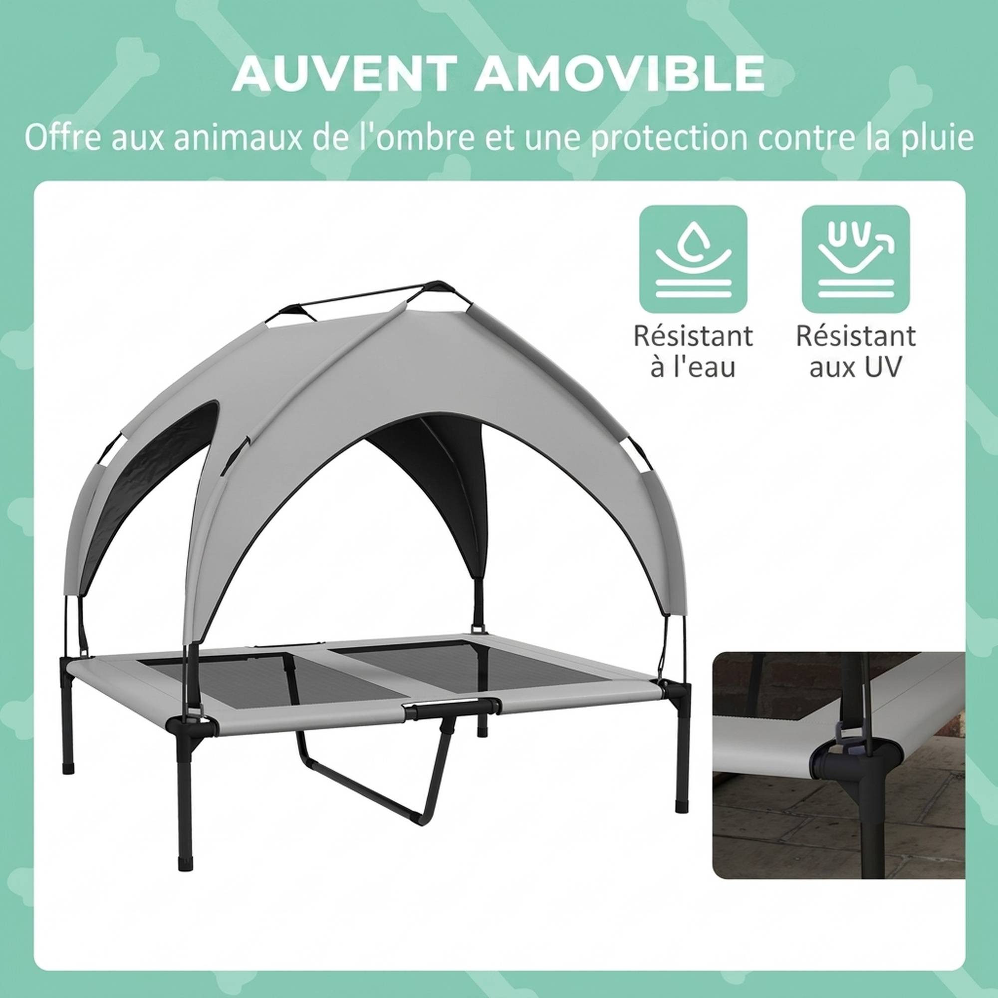 ComfortXL - Lit surélevé pour chien en acier et tissu Oxford gris clair 91 x 76 x 85 cm pour jardin avec auvent pare-soleil - Image 5